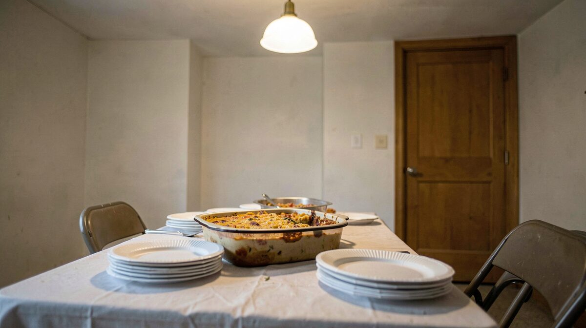A church basement supper table set with a casserole, paper plates, and a folding chair, lit by a single overhead bulb, with a closed door in the background.