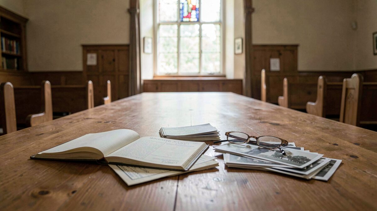 A long wooden table in a church fellowship hall under a tall window, with an open minute book, a folded deed, a stack of black and white photographs and a pair of reading glasses, morning light falling across the pages.