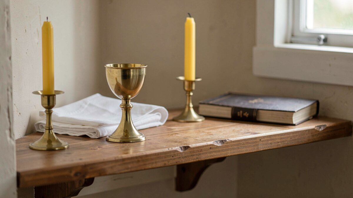 A small church sacristy counter in morning light, with a brass chalice, folded white linens, two beeswax candles and a closed missal arranged on a wooden shelf.